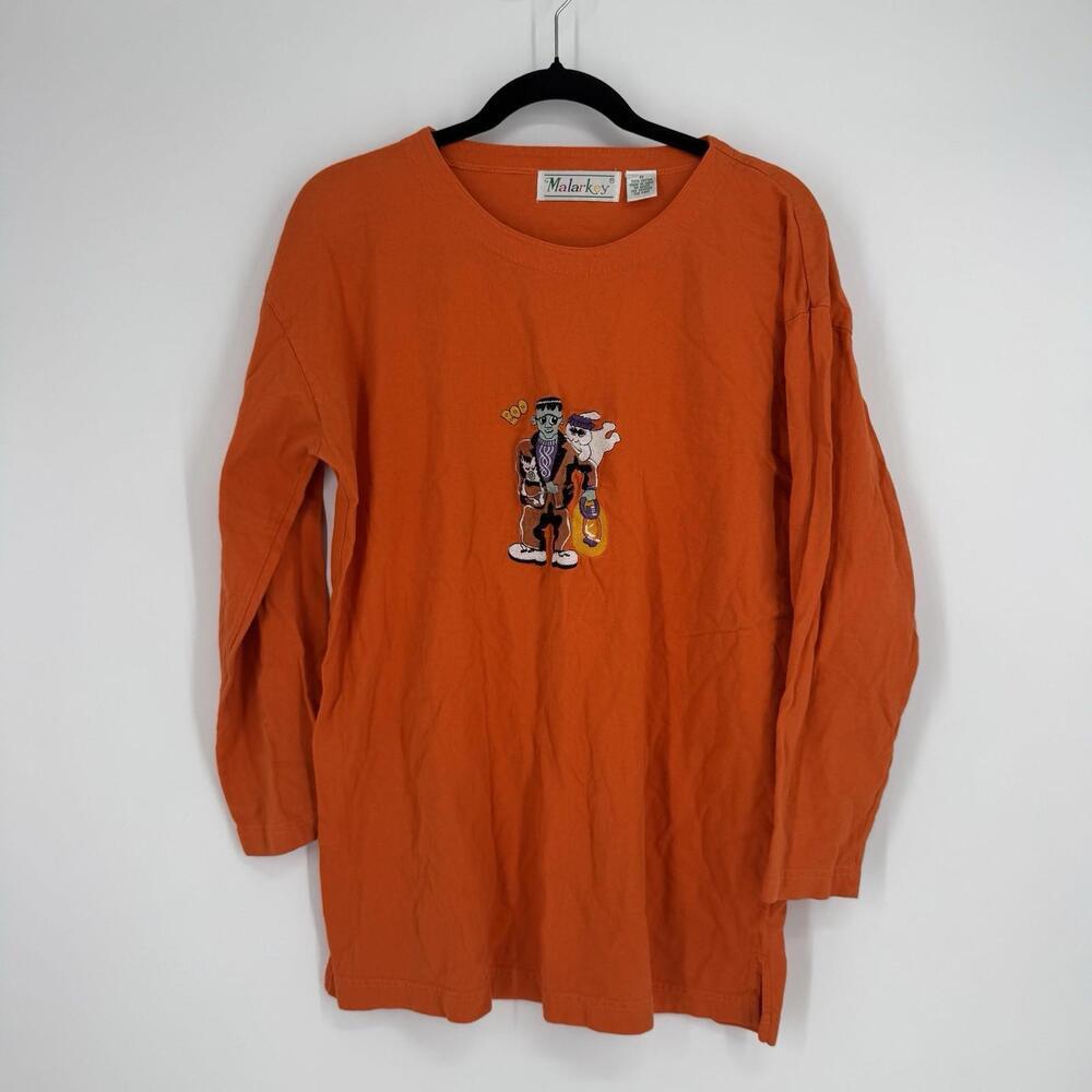 Vintage 90s y2k Halloween shirt top orange 3/4 sleeve frankenstein ghost spooky - Picture 2 of 6